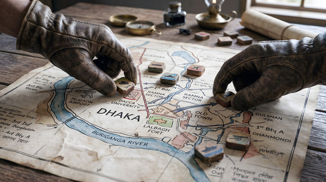 Close-up of hands in vintage leather gloves placing tactical wooden markers on an antique map of Dhaka.