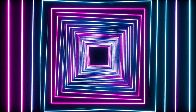 Abstract neon square tunnel with pulsating light effects, moving forward into darkness, futuristic cyberspace concept