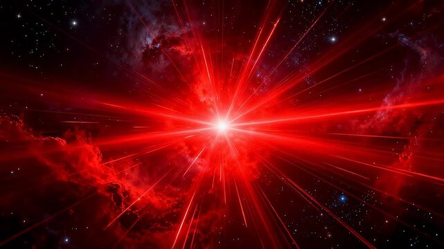 Bright central light source with red radiating beams in deep starry space with nebula