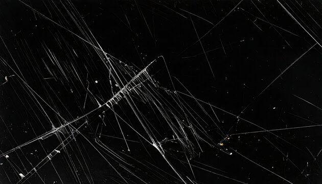 Abstract chaotic streaks of light particles and lines on black background, digital glitch effect, motion blur