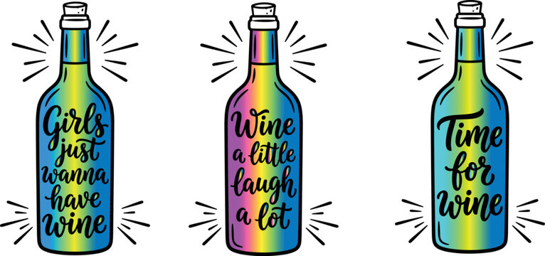 
Holographic Rainbow Wine Bottle Set with Funny Quotes Girls Just Wanna Have Wine for Party Celebration and Lifestyle Designs
