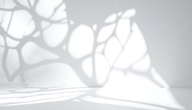 Abstract shadow patterns cast by branches on a clean white wall and floor, creating a natural organic overlay effect