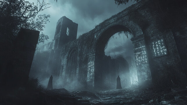 Ancient haunted ruins with eerie glowing inscriptions on stone walls under dark cloudy sky, surrounded by mist and ghostly figures creating mysterious and chilling atmosphere