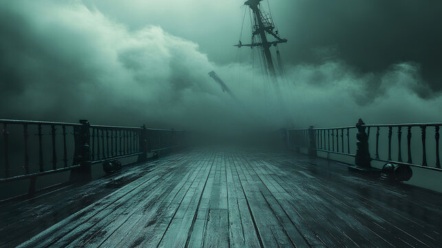Foggy ship deck with eerie green mist floating over wet wooden planks and metal railings, creating haunted atmosphere with broken mast barely visible in background