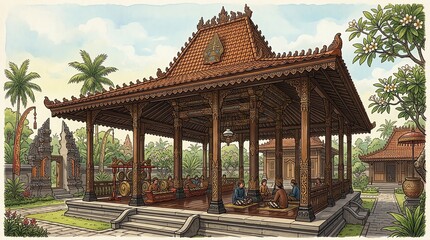 Obraz premium Traditional Southeast Asian Pavilion with Ornate Wooden Architecture and Lush Garden Setting.