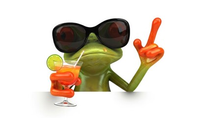Obraz premium Cartoon red eyed tree frog wearing sunglasses holding a cocktail and gesturing with one finger up
