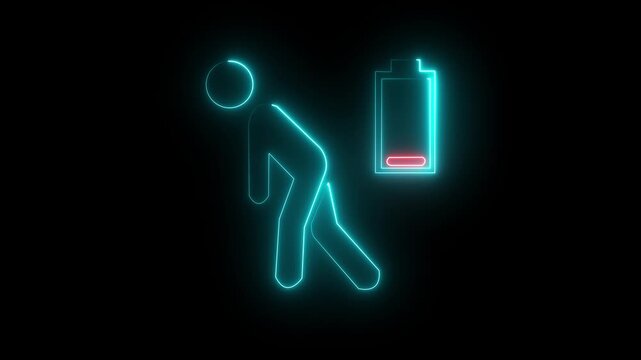 Neon pink glowing outline of a tired person with a low battery symbol above their head against a black background representing exhaustion and depletion of