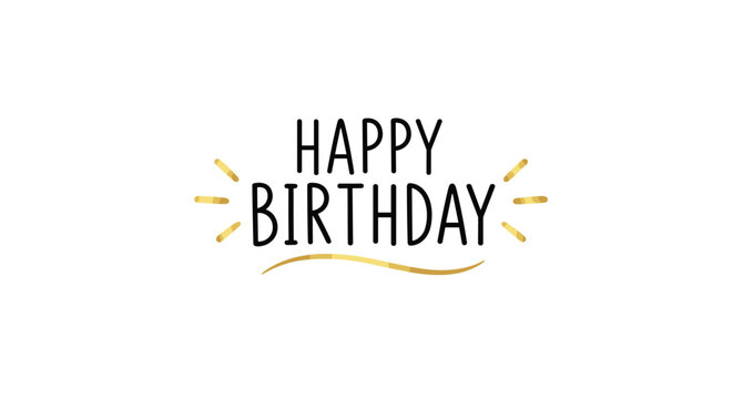 Happy birthday greeting text with elegant black lettering and golden sparkles and a curved underline on a clean white background for celebration.