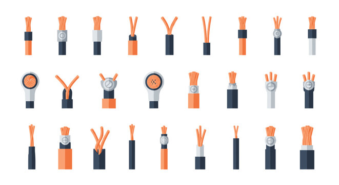 Diverse collection of copper electrical wire cross sections and terminal ends illustrates different cable types and connections for technical use.