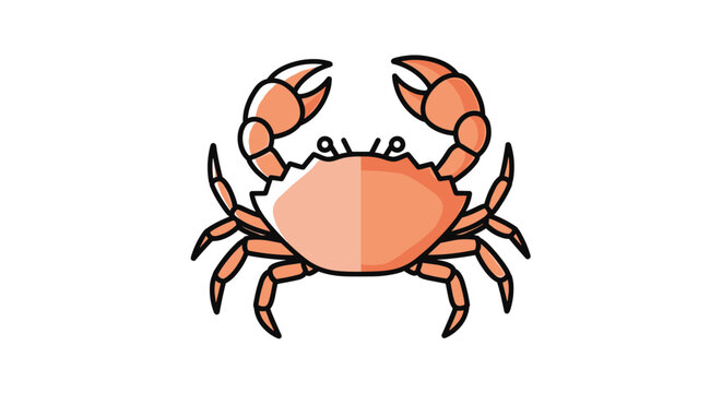 Flat vector illustration of a bright orange crab with large claws isolated on a white background representing marine life or seafood concepts.