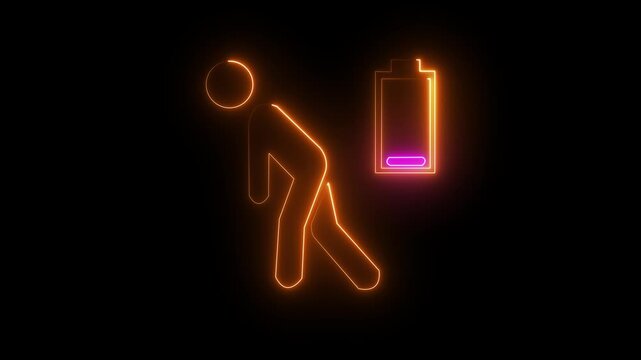 Neon pink glowing outline of a tired person with a low battery symbol above their head against a black background representing exhaustion and depletion of
