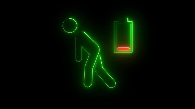 Neon pink glowing outline of a tired person with a low battery symbol above their head against a black background representing exhaustion and depletion of