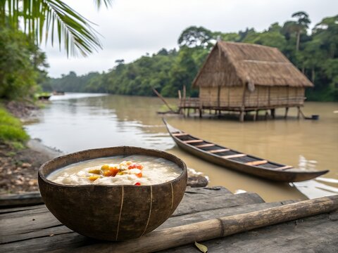 Traditional Papua New Guinea Saksak Sago Pudding in Coconut Shell, Sepik River, Longhouse on Stilts, Dugout Canoe, Rainforest
