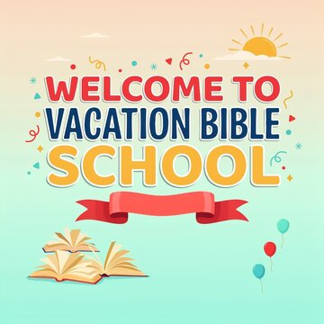 Welcome to Vacation Bible School festive banner with open books and sunshine