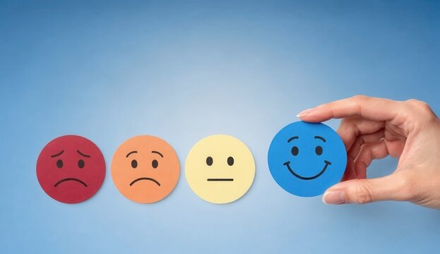Different faces show feelings with one face being happy and another sad, hand reaching for the happy face in blue color