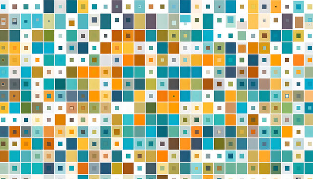 Abstract pattern of colorful squares and rectangles in various sizes and shades, scattered randomly on a white background, creating a vibrant and playful mosaic.