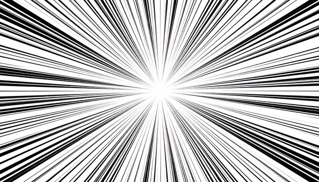 Abstract starburst pattern with converging black lines on a white background, dynamic radial burst effect, speed lines, comic book style