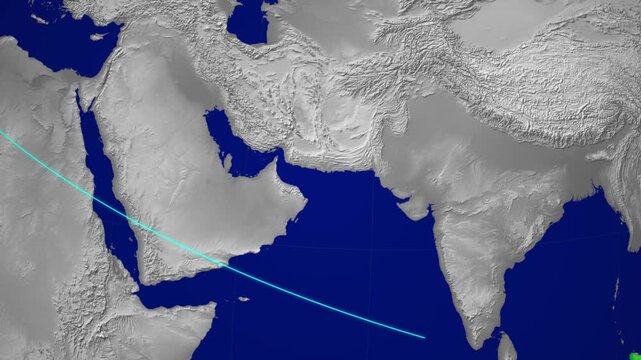 Digital animation showing a precise global trajectory from North America to Southeast Asia, clip.