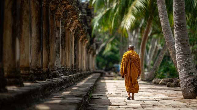 Peaceful elderly monk in orange robes at temple