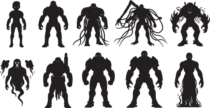 Black silhouette illustration collection of ten diverse fantasy and sci-fi characters, including armored soldiers, mechanical robots, mutant creatures, a ghost, and tentacled cyborgs.