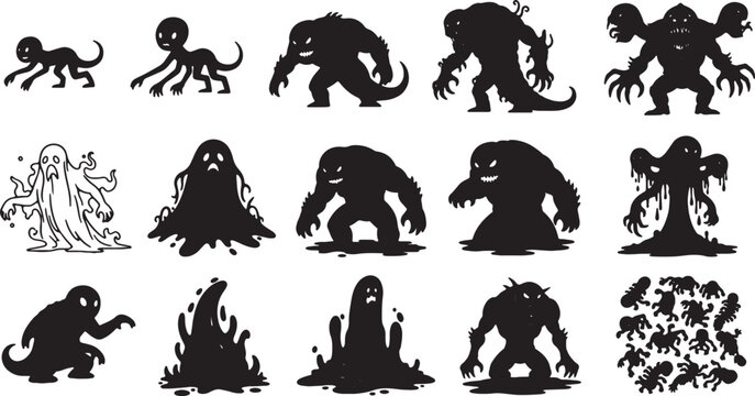 A comprehensive collection of black monster silhouettes on a white background featuring diverse fantasy creatures, ghosts, sludge entities, multi-headed beasts, and demonic forms.