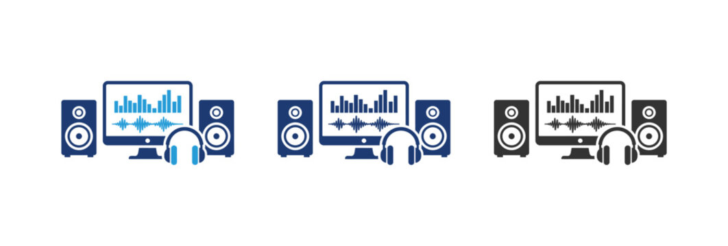 Digital audio workstation setup with speakers headphones and equalizer on computer screen.