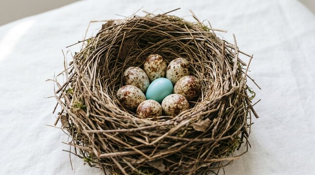 "Twig nest with seven speckled brown eggs surrounding one bright blue egg, symbolizing diversity, uniqueness, and natural symbolism in a simple organic setting."