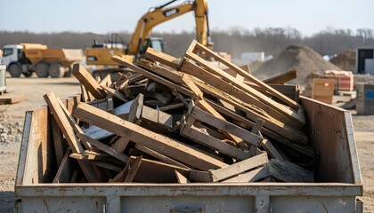 Fototapeta premium Industrial Construction Waste Wood Disposal Container at Active Building Site With Heavy Equipment Background
