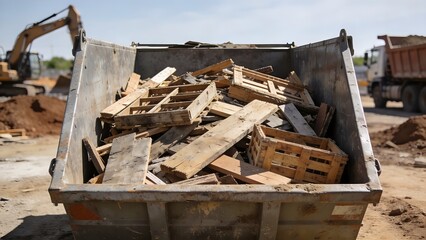 Fototapeta premium Industrial Construction Waste Wood Disposal Container at Active Building Site With Heavy Equipment Background