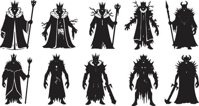 Black and white silhouette set of fantasy undead kings and sorcerers with crowns and weapons. Includes lich lords, necromancers, and dark warriors for game design assets.