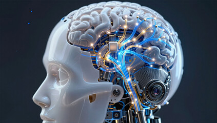Obraz premium Cybernetic Android Brain with Glowing Neural Connections