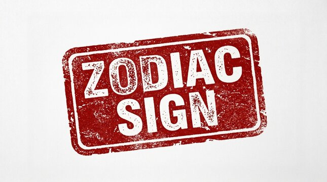 "Distressed red rectangular stamp with bold white text &lsquo;ZODIAC SIGN,&rsquo; symbolizing astrology, identity, and personality traits in a vintage, symbolic design."