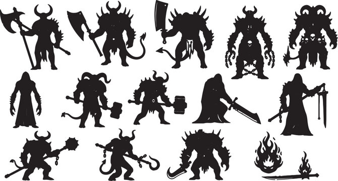 Collection of fantasy demon warrior silhouettes featuring horned monsters, armored creatures with tails, spikes, and heavy weapons including battle axes, hammers, maces, and swords.