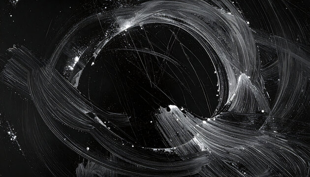 Abstract swirling white chalk marks on a dark chalkboard surface, textured background, chalk dust and smudges
