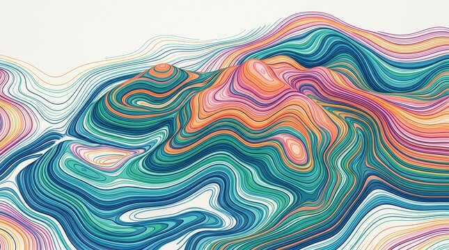 Abstract Topographic Line Art Background with Colorful Waves