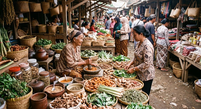 Traditional Indonesian herbal medicine market with vendor grinding spices using mortar and pestle surrounded by fresh herbs roots and jamu ingredients
