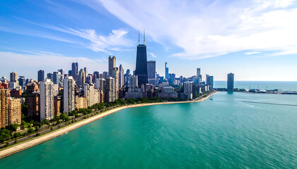 Obraz premium Aerial view of a sprawling cityscape along a vibrant turquoise ocean, featuring numerous skyscrapers and a clear blue sky, ideal for travel and urban planning concepts