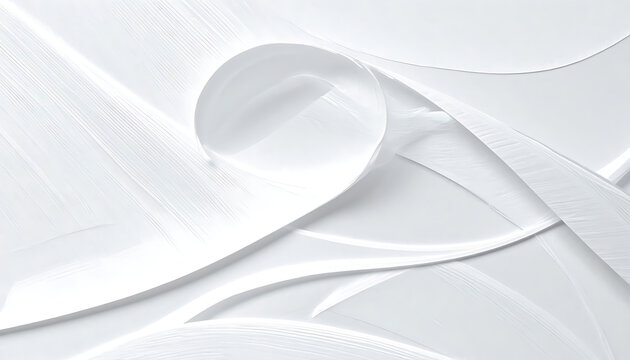 Abstract flowing white ribbon with subtle textures and highlights, elegant curved lines, soft lighting, serene and clean.
