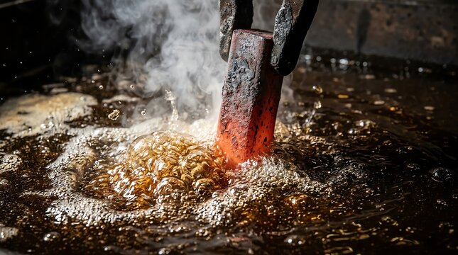 Hot metal being forged with a hammer in a traditional blacksmith workshop.