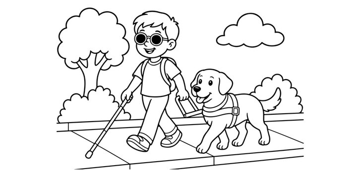 Child with White Cane and Guide Dog Coloring Page