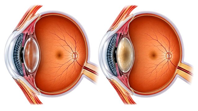 Normal Eye vs Cataract Eye Anatomy Comparison, Human Ocular Cross Section Medical Illustration Isolated on White Background.