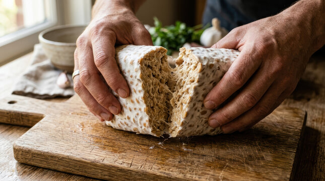 Tempeh hand breaking soy food board kitchen protein vegan vegetarian, hands breaking tempeh wooden cutting board rustic kitchen with natural light, plant based protein food preparation close up