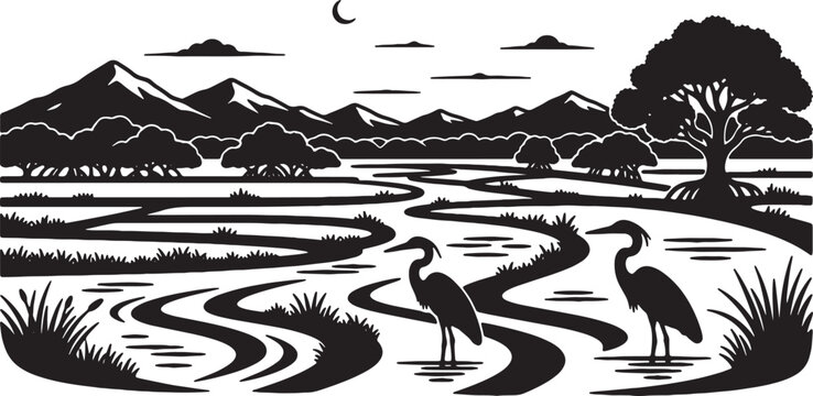 Black and white silhouette illustration of a river delta wetland landscape featuring two herons standing in winding waterways, marsh grass, mangrove trees, and distant mountains.