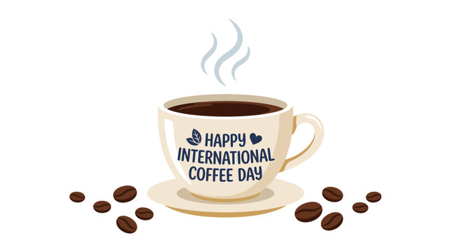 A steaming cup of coffee on a saucer with scattered coffee beans, featuring a 'Happy International Coffee Day' message in blue text on a clean white background.