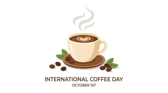 Cartoon illustration of a steaming cup of coffee on a saucer with coffee beans and leaves, celebrating International Coffee Day on October 1st, modern vector style, clean white background.