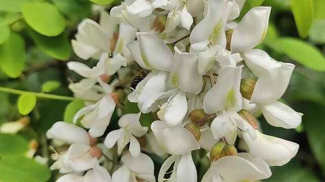 Delicate white acacia blossoms cascade down in a gentle spring breeze