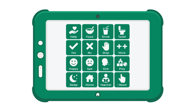 Aac speech tablet for non-verbal communication in flat minimalist style for healthcare marketing