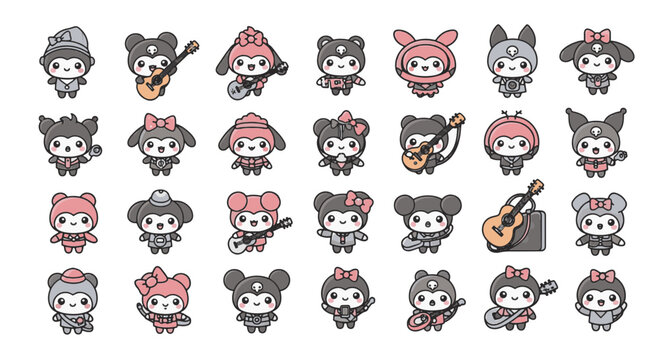 Large collection of 28 kawaii chibi characters in gothic punk style with pink and grey colors. Hand-drawn cartoon mascots playing guitars, wearing skulls and bows on white background.