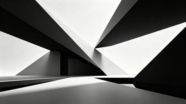 A monochrome abstract image of sharp geometric planes and deep shadows, creating a futuristic architectural sense of depth and light.