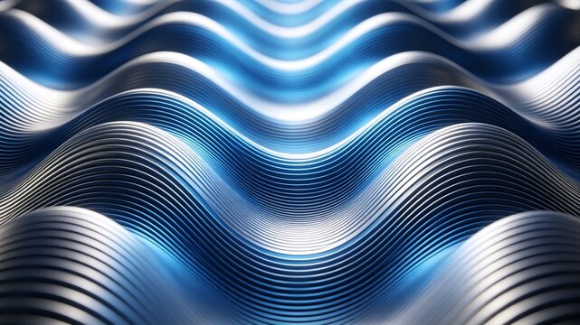 A sleek abstract background featuring rhythmic blue and silver metallic waves with a polished, reflective finish and a futuristic 3D ripple effect.
